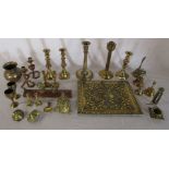 Assorted brassware inc candlesticks and plaque