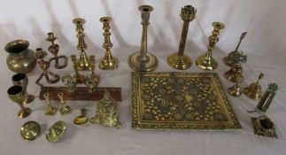 Assorted brassware inc candlesticks and plaque