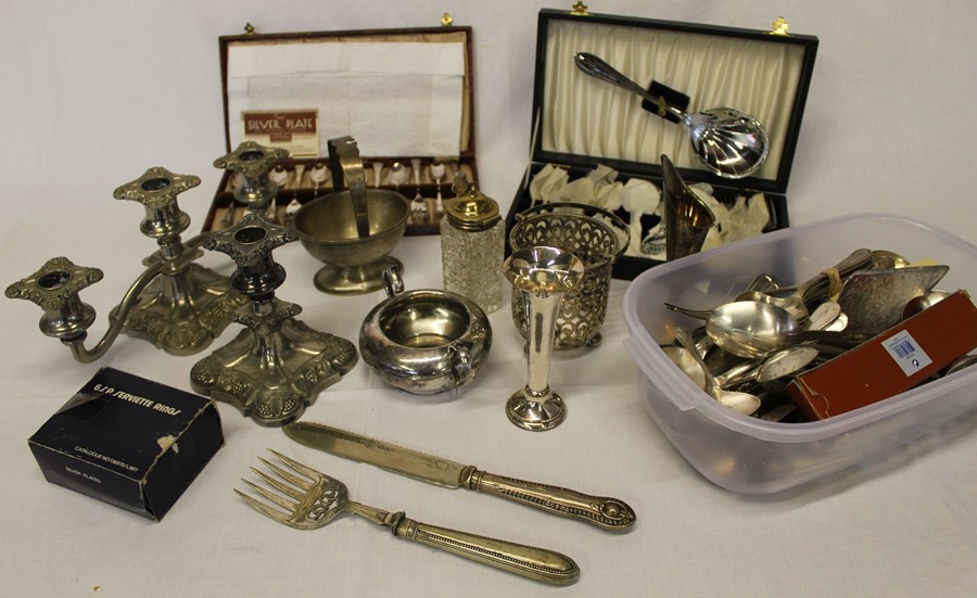 Selection of silver plate including cutlery and candlesticks