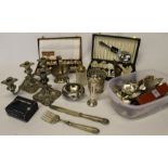 Selection of silver plate including cutlery and candlesticks