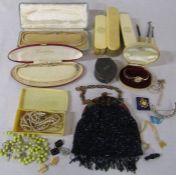 Various costume jewellery inc pearls, 1920s beaded bag & grooming items