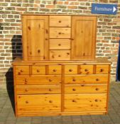 Pine double chest of drawers (af - top heavily scratched) and pine cabinet