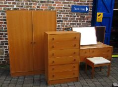 Stag light oak bedroom suite comprising wardrobe, dressing table, stool and chest of drawers