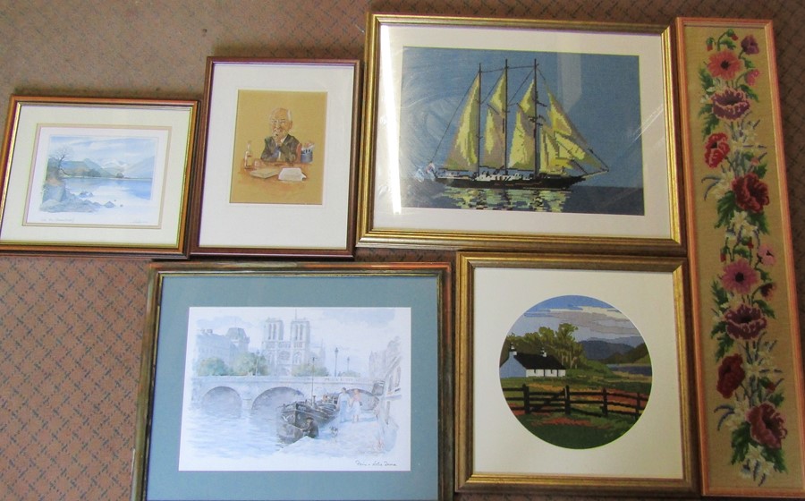 Various prints, needlework and pen & ink pictures