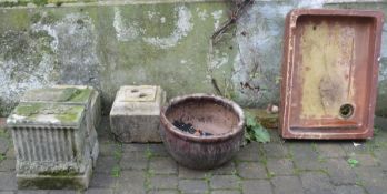 2 pairs of concrete garden plinths, large urn & a salt glaze sink
