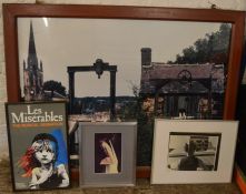 Very large framed photo of the head of a mine shaft, framed Les Miserable poster & 2 framed photos