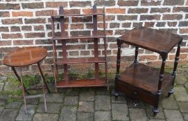 Small folding mahogany table, wall shelf & an early Victorian rosewood dumb waiter (cut down)