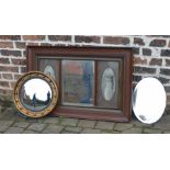 Edwardian pictorial wall mirror (broken glass), circular convex mirror & an LNER mirror