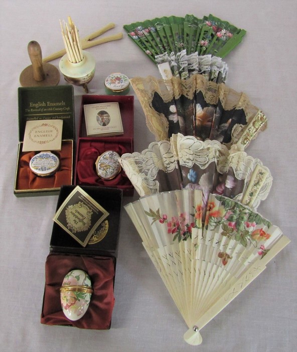 Selection of enamel boxes, fans, crochet needles etc