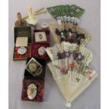 Selection of enamel boxes, fans, crochet needles etc