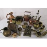 Various copper and brass ware inc kettles, folding spoon, trivet, dishes etc