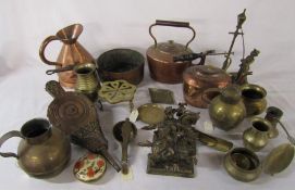 Various copper and brass ware inc kettles, folding spoon, trivet, dishes etc