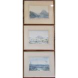 3 framed atmospheric watercolours signed lower right by the artist 42 cm x 34 cm (size including