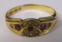 Victorian 18ct gold ruby and seed pearl ring size S Birmingham 1897 weight 4.10 g