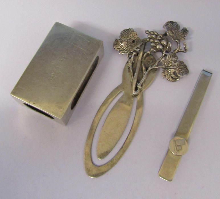 Silver bookmark, tie pin and match box case (match box case marked Xmas 1938) London 1938 total