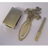 Silver bookmark, tie pin and match box case (match box case marked Xmas 1938) London 1938 total