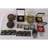 Assorted commemorative coins etc, WWI miniature medals, vintage tape measures etc