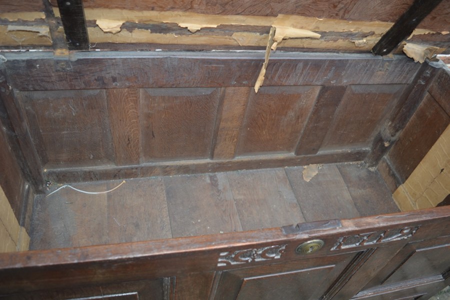 Early 18th century oak mule chest carved 1719 Ht 85cm L 136cm D 55cm - Image 3 of 3