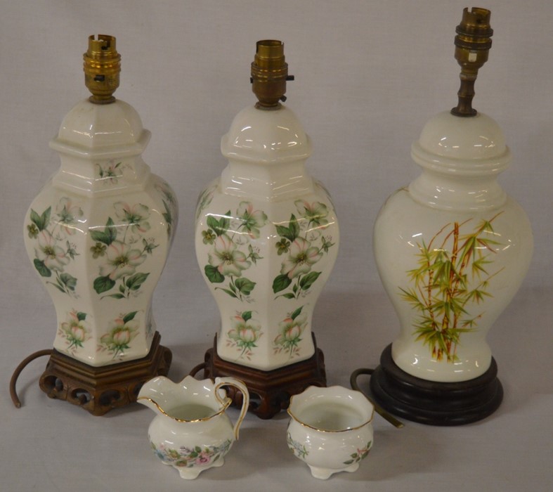 Pair & a single ceramic lamps & an Aynsley miniature jug & bowl