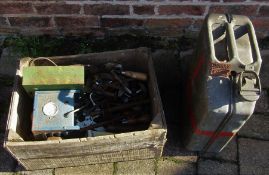 Box containing assorted hand tools etc & a petrol can