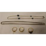 Three 9ct gold rings & 2 necklaces 16.3g