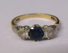 9ct gold cubic zirconia and sapphire trilogy ring size P weight 2.22 g