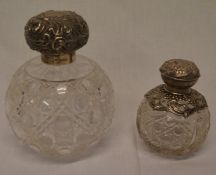 2 Victorian hobnail glass scent bottles with silver tops Birmingham 1875 & 1882