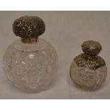 2 Victorian hobnail glass scent bottles with silver tops Birmingham 1875 & 1882