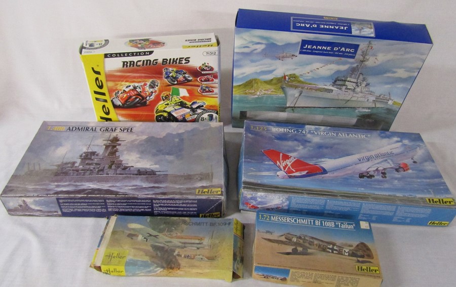 6 Heller model kits inc Jeanne D'Arc, Boeing 747 Virgin Atlantic, Racing bikes and Admiral Graf