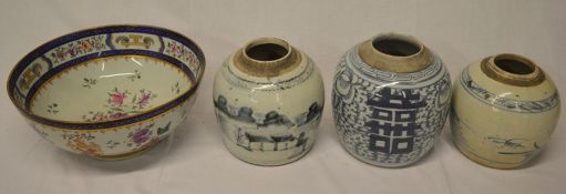 3 Chinese stoneware ginger jars (missing lids) & Chinese style armorial punch bowl (repaired)