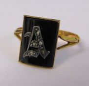 9ct gold enamel and marcasite ring initialled 'A' size P / Q weight 2.32 ozt