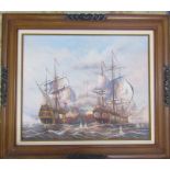 Framed oil on canvas of 2 galleons in battle by J Harvey 79 cm x 69 cm (size including frame)