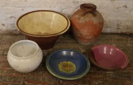 Slip ware mixing bowl, 2 vases & 2 bowls