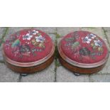 Pair of Victorian circular foot stools with bead work covers diameter 26cm