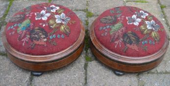 Pair of Victorian circular foot stools with bead work covers diameter 26cm