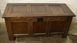 Late 17th/early 18th century oak coffer on stile legs W126cm Ht58cm D52cm