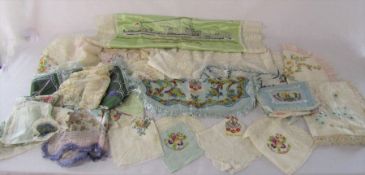 Selection of vintage embroidered handkerchiefs, silks, textiles etc inc HMS Seraph, souvenir from