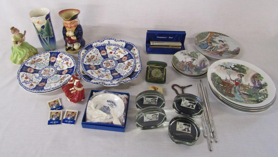 Assorted ceramics and glassware inc small Royal Doulton 'Top o the Hill' figurine and paperweights