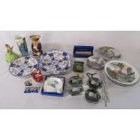 Assorted ceramics and glassware inc small Royal Doulton 'Top o the Hill' figurine and paperweights