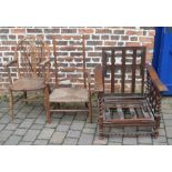 Wheel back chair, rush seated ladder back chair & a recliner for restoration