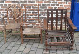 Wheel back chair, rush seated ladder back chair & a recliner for restoration