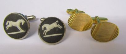 Pair of Wedgwood basalt jasperware cufflinks and a pair of gold plated cufflinks