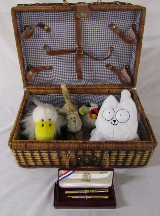 Picnic basket containing soft toys and commemorative Pentel 1984 Olympics pen and pencil set