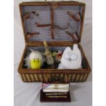 Picnic basket containing soft toys and commemorative Pentel 1984 Olympics pen and pencil set