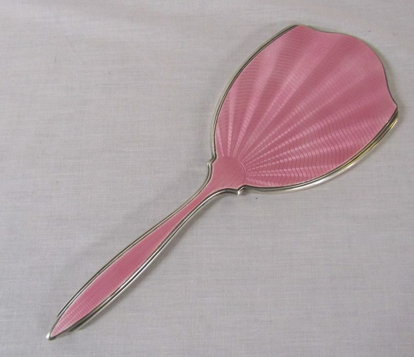 Silver and pink guilloche enamel mirror Birmingham hallmark