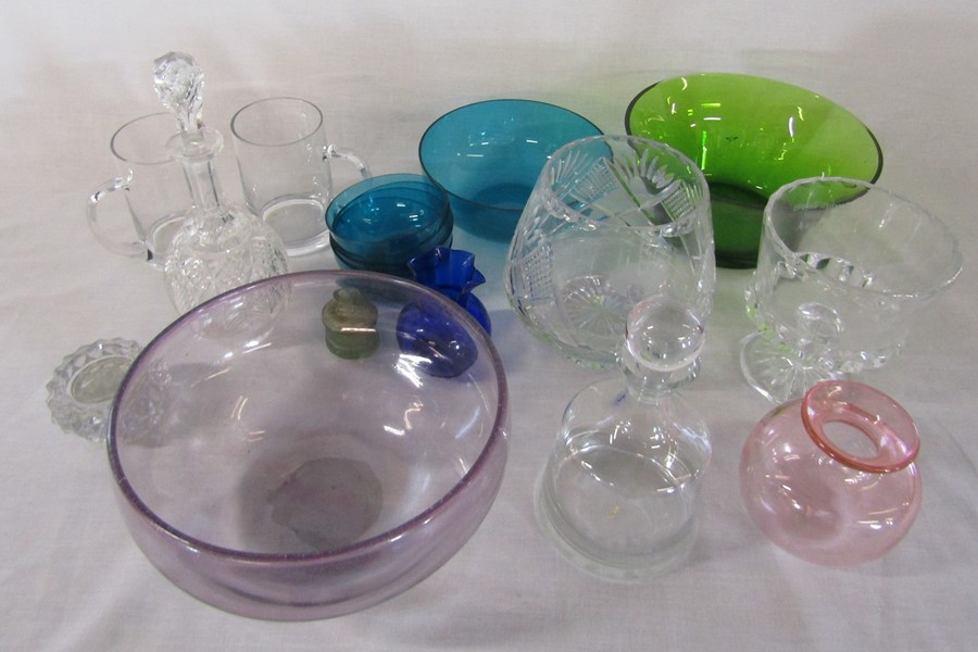 Assorted glassware inc decanters, coloured bowls etc