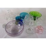 Assorted glassware inc decanters, coloured bowls etc