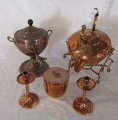 Large copper kettle, samovar, pair of Victorian Henry Loveridge candlesticks etc