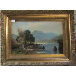 Gilt framed and glazed oil on canvas of fishing on a lake, signed lower right corner 60 cm x 45