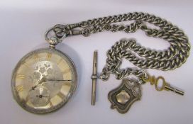 Silver pocket watch London 1917 with silver double Albert chain, fob and key (fob Birmingham 1925,